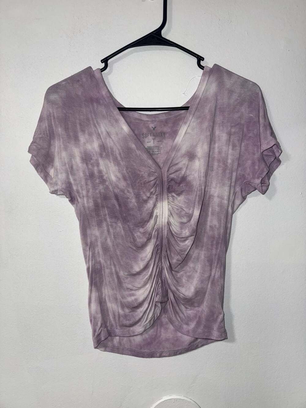 American Eagle Soft & Sexy V-Neck Ruched Tie Dye Crop Top